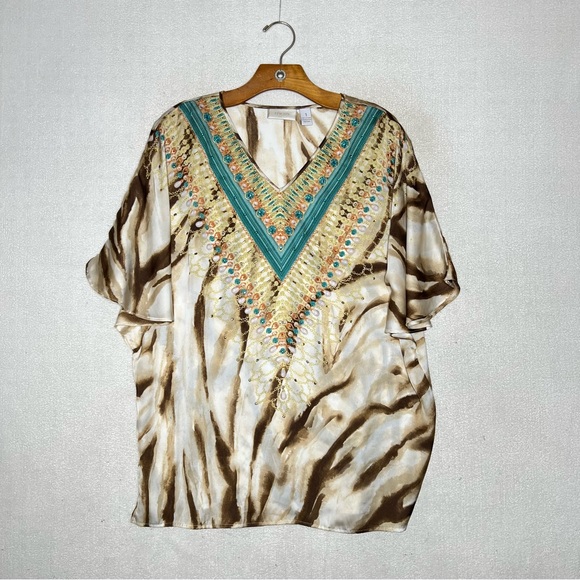 Chicos Animal Print Crystal Beaded Embellishment Womens Blouse Size 1 - Picture 1 of 8
